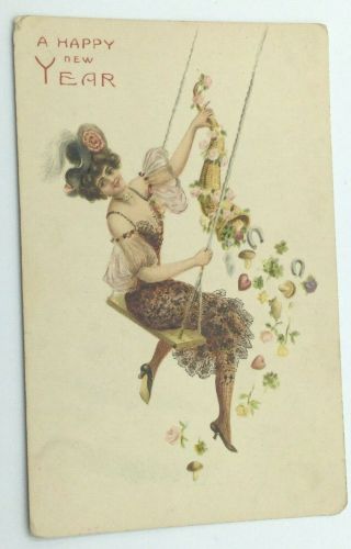 Vintage Year Postcard,  Lady On Swing,  Flowers,  Embossed Series 12213,  Unoost