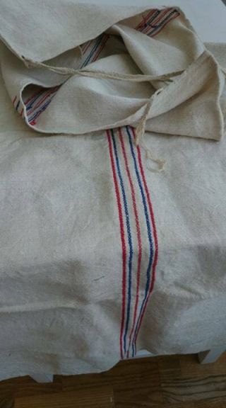 Antique Vintage Grain Sack Feedsack Blue - Red Stripes Hemp Linen Grainsack