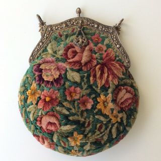 Antique Cherub Charm Purse Embroidery Crewel Evening Gilt Frame Rosebuds French?