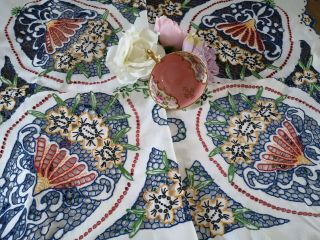 Vintage Hand Embroidered Irish Linen Madeira Tablecloth Floral Urns