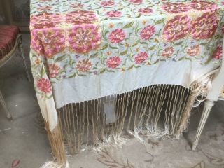 Antique French Piano Shawl Scarf Embroidered Pink & Peach Flowers On Silk