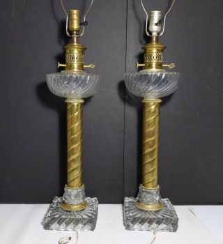Vintage Hollywood Regency Glass Spiral Brass Column Table Lamps Mcm