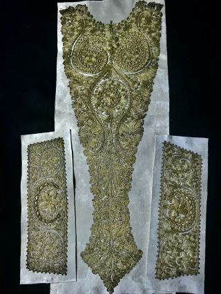 Antique Edwardian Gold Metallic Thread Chain Raised Embroidery Collar & Two Cuff 2