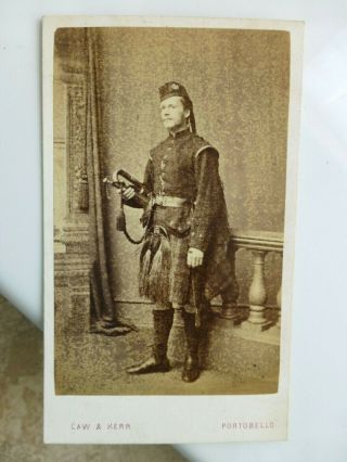 Antique Cdv Cabinet Photo Young Man Scotsman Kilt Bugle Portobello Scotland
