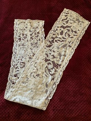 Antique French Handmade Table Runner - Needle And Bobbin Lace Work 150cm By 25cm