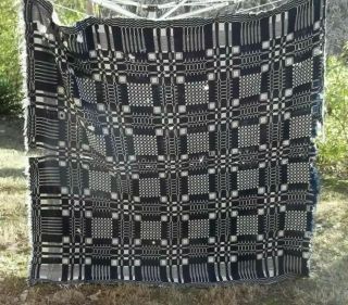 Antique Blue And White Wool Woven Coverlet Geometric Design