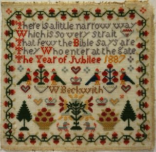 Late 19th Century Verse & Motif Sampler By W.  Beckwith - " Jubilee Year " 1887