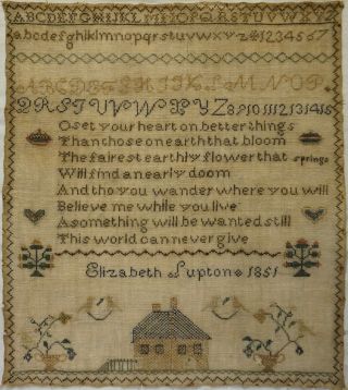Mid 19th Century Verse,  House & Alphabet Sampler By Elizabeth Lupton - 1851