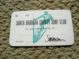 Vintage Santa Barbara County Surf Club John Severson Card Surfboard Signed 1960s