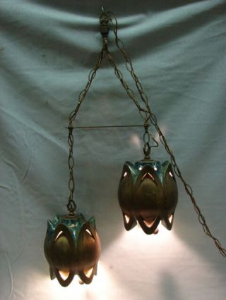 Vintage Mid Century Set Of 2 Hanging Ceramic Lamps Bronze Green Blue Unique Rare