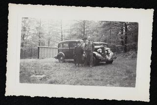 Vintage Antique Photograph Man And Woman Standing By Antique Car Automobile