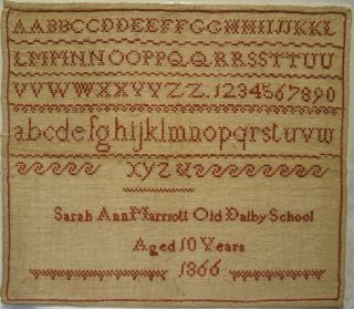 Mid 19th Century Red Stitch Work Sampler By Sarah Ann Marriott Aged 10 - 1866