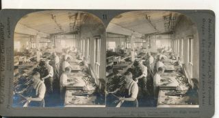 Workmen cut Leather Hight Quality Shoes Factory Lynn MA Keystone Stereoview 1900 2
