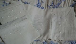 Antique French Pure Linen Monogrammed Dowry Sheet & Pillowcases King Size