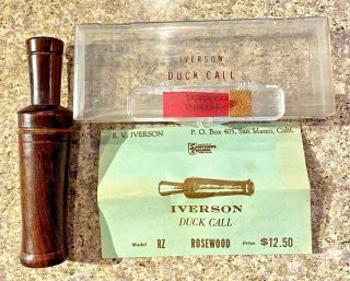 Vintage 1950s Iverson Rosewood Duck Call Model Rz,  Pamphlet Reed & Cork