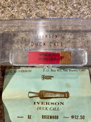 VINTAGE 1950s IVERSON ROSEWOOD DUCK CALL MODEL RZ,  PAMPHLET REED & CORK 3
