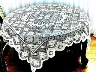 Gorgeous Antique White Cotton Hand Crafted Fillet Lace Tablecloth Italy C 1930 