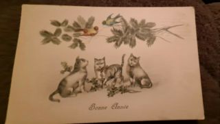 Vintage Cat Postcard.  Happy Year.  3 Gray Cats.  2 Birds.  1912.