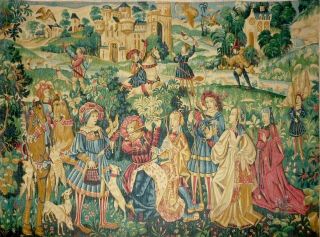 Vintage French Printed Woven Wallhanging Tapestry Medieval Scene 180cm X 135cm