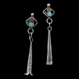 Vintage Navajo Native American Turquoise & Coral Squash Sterling Silver Earrings