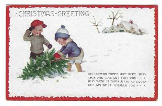 Christmas Greeting - Children Pulling Christmas Tree,  Winter Snow Vintage Postcard