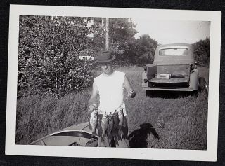 Antique Vintage Photograph Man Holding Dead Fish By Boat & Vintage Truck