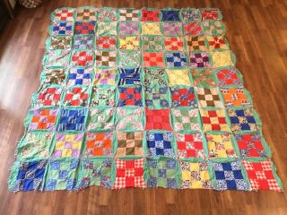 Antique Vintage C1930s Colorful 9 - Patch Variation Quilt Top 78x72 Really Neat