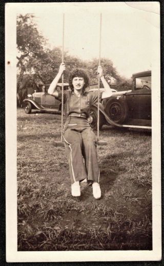 Vintage Antique Photograph Young Woman Sitting On Swing - Antique Cars / Autos