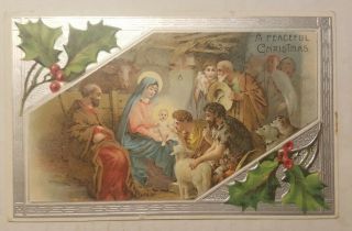 Vintage C1910 Christmas Nativity Scene Postcard With Shepherds & Holly