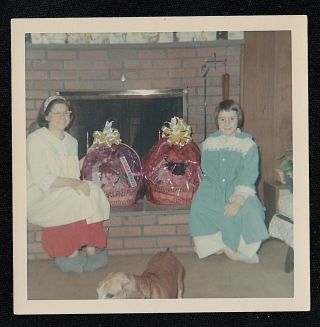 Vintage Photograph Two Young Girls Sitting By Fireplace With Easter Baskets