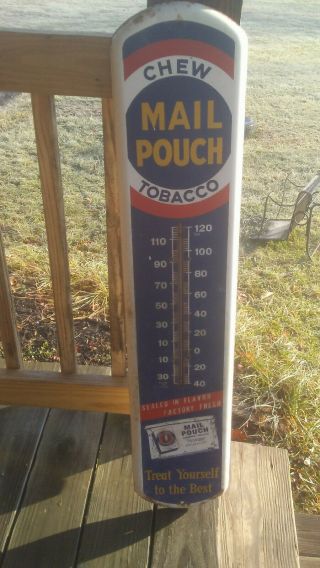 Vintage / Antique Mail Pouch Tobacco Metal Thermometer Sign