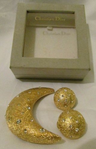 Christian Dior Vintage Gold Tone Brooch Crescent Moon Pin Clip On Earrings Stone