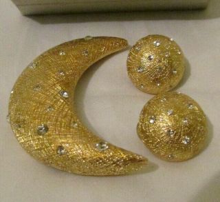 Christian Dior Vintage Gold Tone Brooch Crescent Moon Pin Clip On Earrings Stone 2