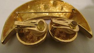 Christian Dior Vintage Gold Tone Brooch Crescent Moon Pin Clip On Earrings Stone 3
