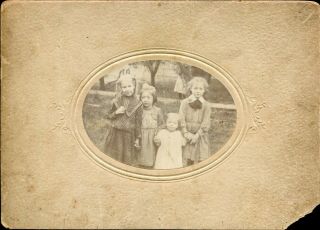 Antique Photograph On Card Of Four Girls Outside - Fifth Hidden Behind Tree