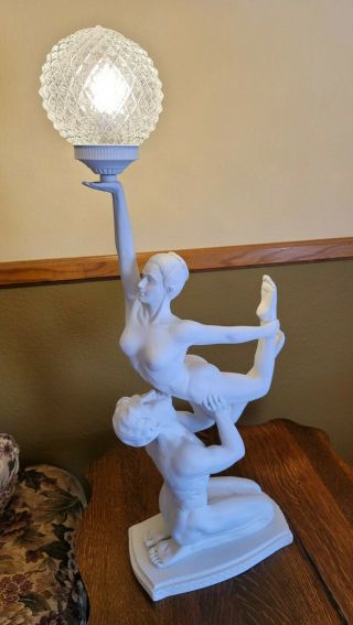 Vintage Art Deco Nude Man & Woman Gymnast/ Ballet Dancers Lamp Light Figural