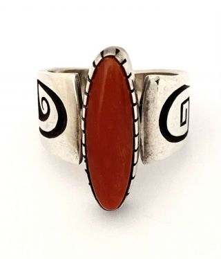 Vintage Hopi Sterling Silver & Coral Ring Size 8.  5 By Mitchel Sockyma