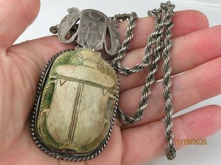 Vintage Large Heavy Egyptian Hand Made Sterling Silver Carved Scarab Pendant