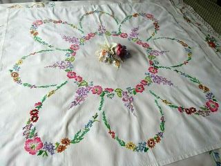 Vintage Hand Embroidered Tablecloth - Stunning Garlands Of Pink & Lilac Flowers