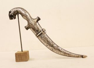 Mughal Dagger Knife Damascus Blade Vintage Koftgari Silver Inlay Work Tiger Face