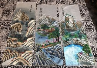 3 Antique Chinese Panel Wall Hanging Tapestry Hand Embroidery 14 " X 42 "