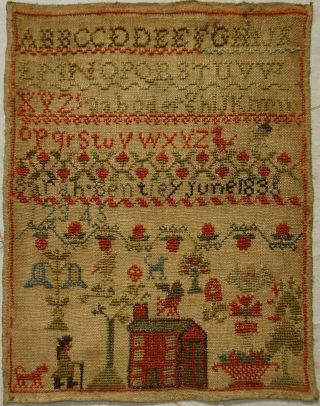 Small Early 19th Century Red House,  Man & Motif Sampler By Sarah Bentley - 1835