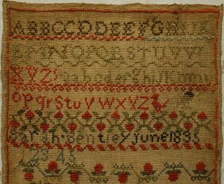 SMALL EARLY 19TH CENTURY RED HOUSE,  MAN & MOTIF SAMPLER BY SARAH BENTLEY - 1835 2