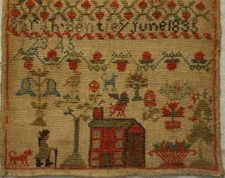 SMALL EARLY 19TH CENTURY RED HOUSE,  MAN & MOTIF SAMPLER BY SARAH BENTLEY - 1835 3