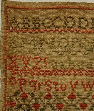 SMALL EARLY 19TH CENTURY RED HOUSE,  MAN & MOTIF SAMPLER BY SARAH BENTLEY - 1835 4