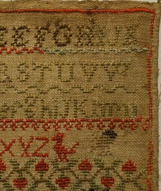 SMALL EARLY 19TH CENTURY RED HOUSE,  MAN & MOTIF SAMPLER BY SARAH BENTLEY - 1835 5