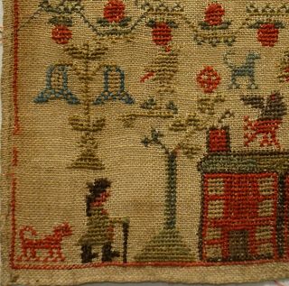 SMALL EARLY 19TH CENTURY RED HOUSE,  MAN & MOTIF SAMPLER BY SARAH BENTLEY - 1835 6