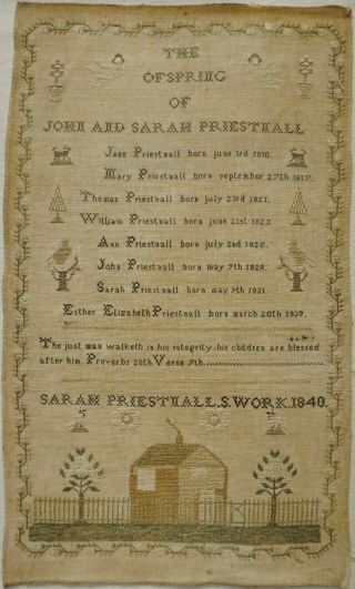 Mid 19th Century Cottage & Priestnall Family Register Sampler By Sarah P - 1841