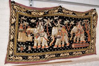 Rare Antique Vintage Burmese Kalaga Tapestry Wall Hanging 57x32 Textile Elephant