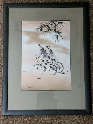 Rare Vintage Chinese Japanese Hand Painted Fabric Painting Framed Signed 15 " X20 "